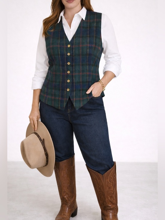 Hunt Club Jackets & Blazers - Vintage Hunt Club Wool Plaid Vest Women Size 10 Green Tartan Button Front USA